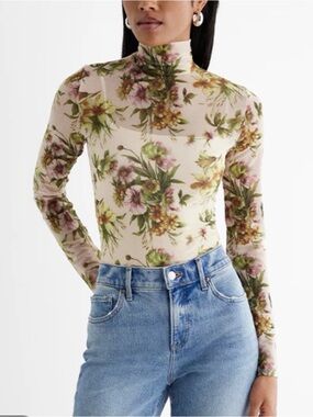 Express Cream Sheer Floral Mock-Neck Long-Sleeve Bodysuit